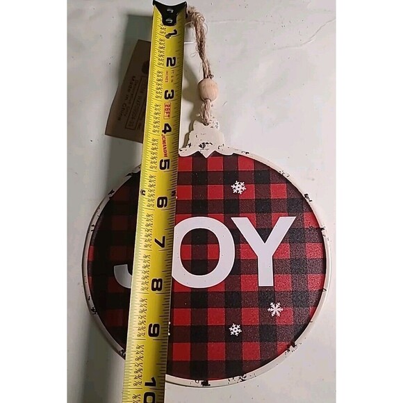 NEW Set Metal Buffalo Check 6.5" Merry Christmas & JOY Tree Ornaments Farmhouse - Picture 3 of 6
